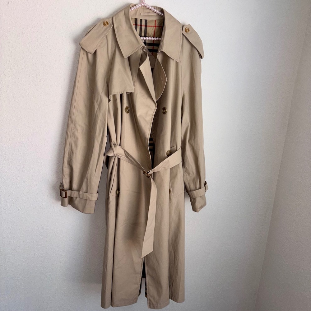 Hellysport Trench Coat vintage Tan  Belted Double Breasted Plaid Lined Eu 38